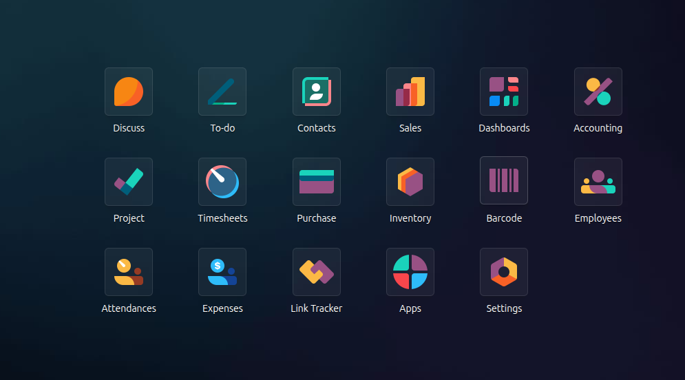 Casakha Odoo 19 Enterprise apps menu showing Sales, Purchase, Accounting, Project, Timesheets, Employees, Attendances, and Expenses