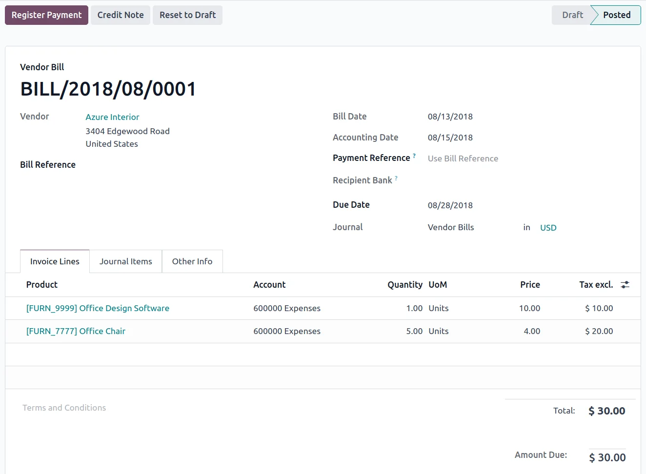 Tampilan tagihan vendor di Odoo Accounting dengan baris produk, pajak, dan total