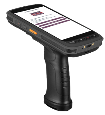 Handheld barcode scanner menampilkan aplikasi Barcode Scanning Odoo Inventory