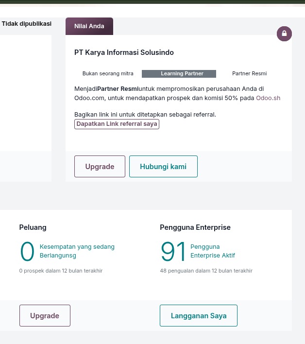 Odoo partner dashboard - 91 active enterprise users at NURATEK