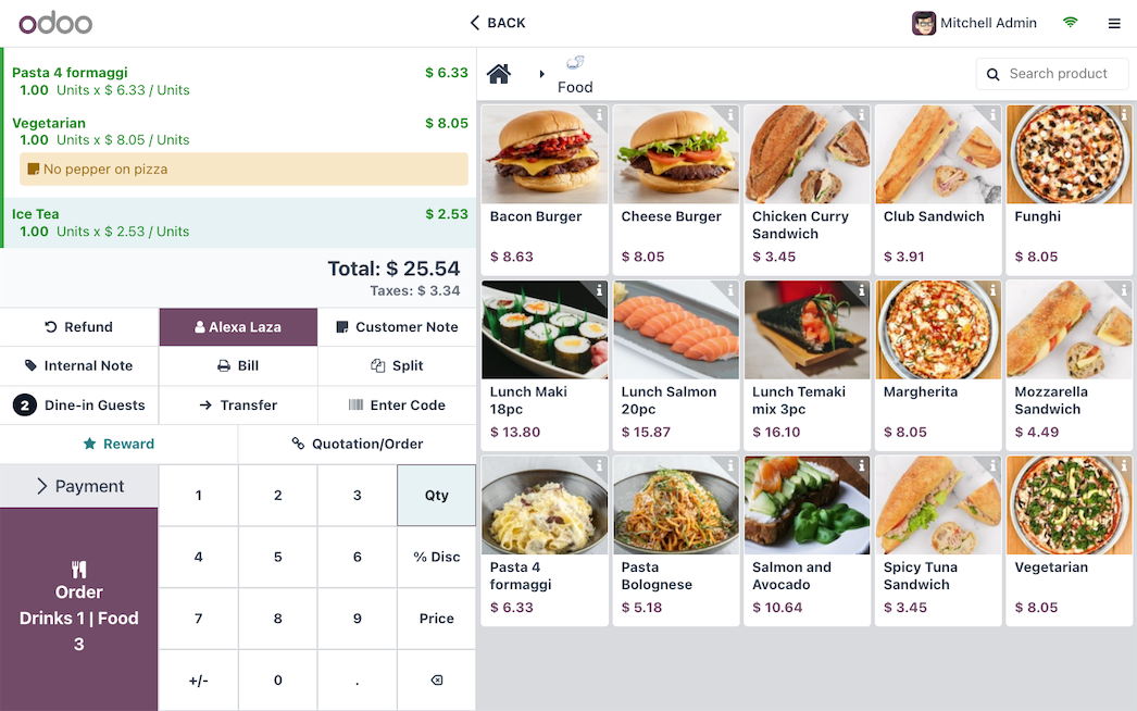 Antarmuka Odoo POS toko dengan katalog produk, keranjang pesanan, dan keypad kasir