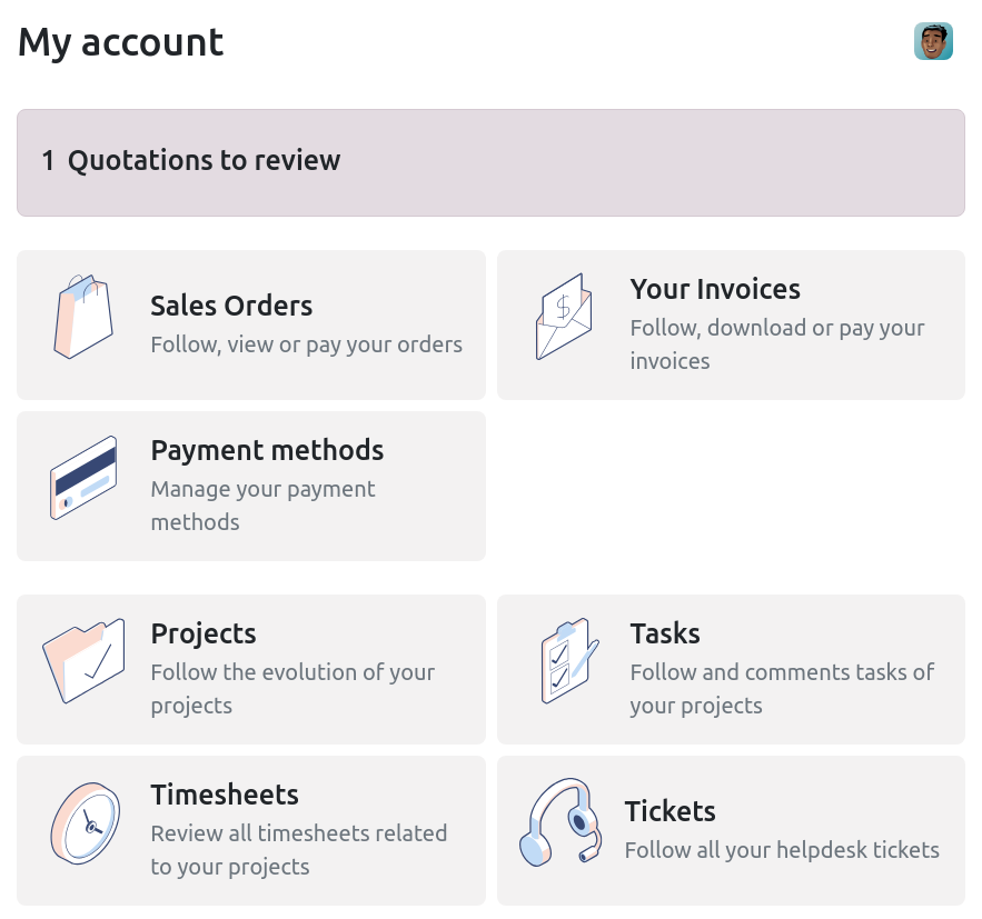 Dashboard portal pelanggan Odoo menampilkan penawaran, pesanan penjualan, dan faktur