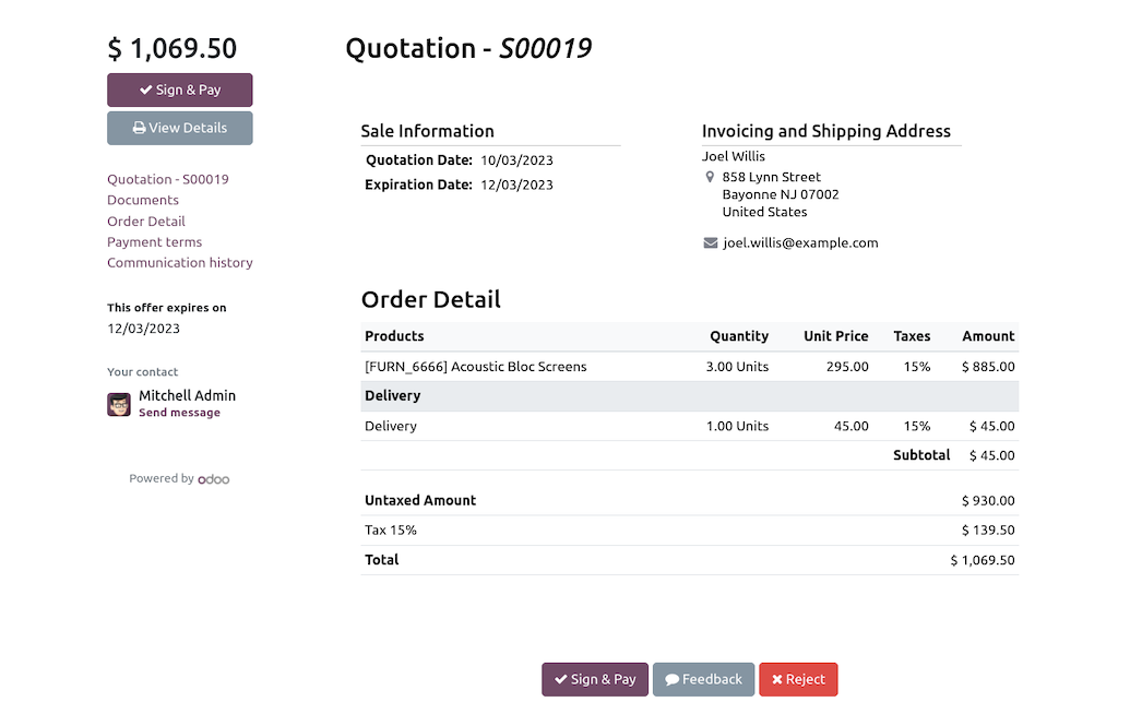 Tampilan portal penawaran Odoo Sales dengan detail produk, pajak, dan tombol Sign & Pay
