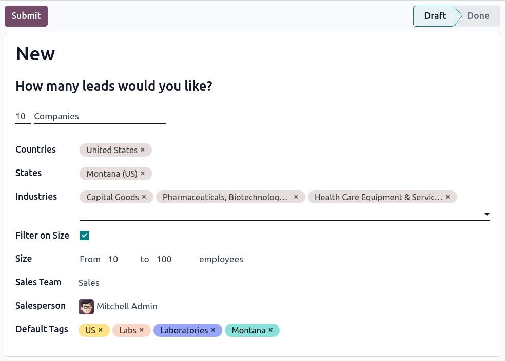 Formulir generate lead Odoo CRM dengan filter negara, industri, dan ukuran perusahaan